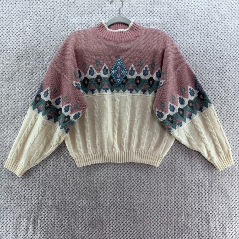 VTG 62East Sweater Womens L Pink Green Ivory Fair Isle Mock Neck Cable Knit